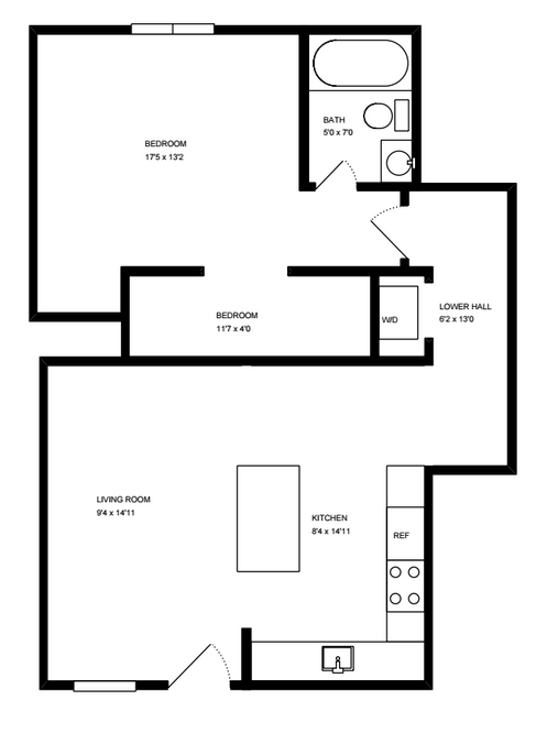 Floor plan for 1 bed, 1 bath, 615 sqft